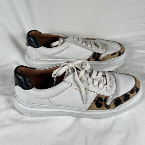 Cole Haan Women's GrandPro Sneaker 9 White Leather Leopard Horse/Cow Hair Trim - Picture 5 of 10